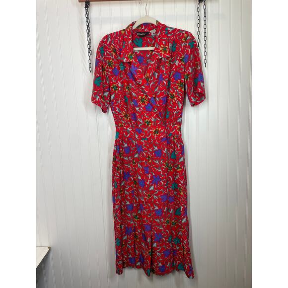 Vintage Strait Lane Red & Purple Floral Midi Dress Short Sleeve VTG Size 8 - Picture 1 of 6